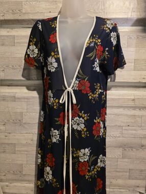 DNA couture Navy Floral Tie-Front Maxi Dress with Red, White & Yellow Blooms